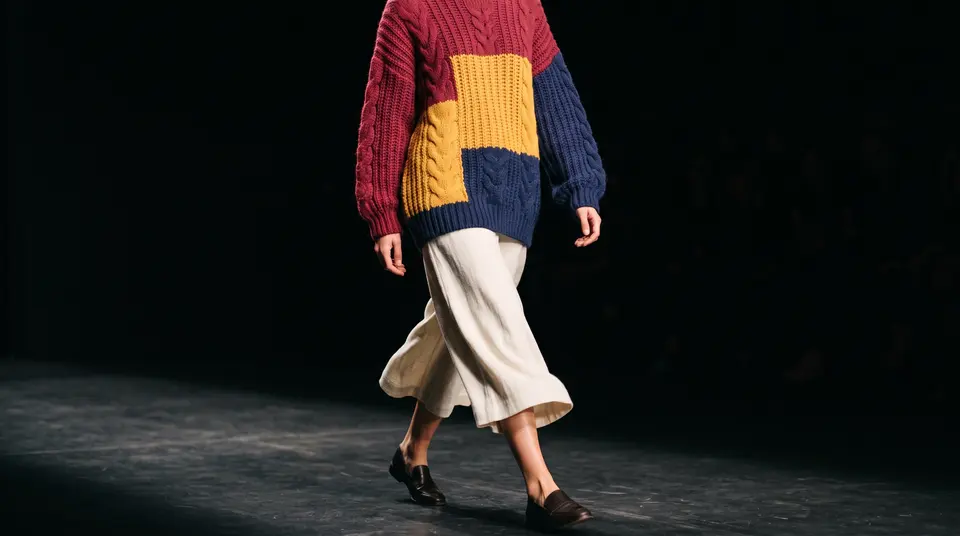Modelo en pasarela con una chompa de punto de alpaca
