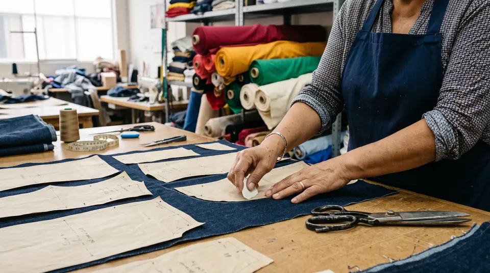 Manos cortando moldes sobre tela de denim en una mesa de corte
