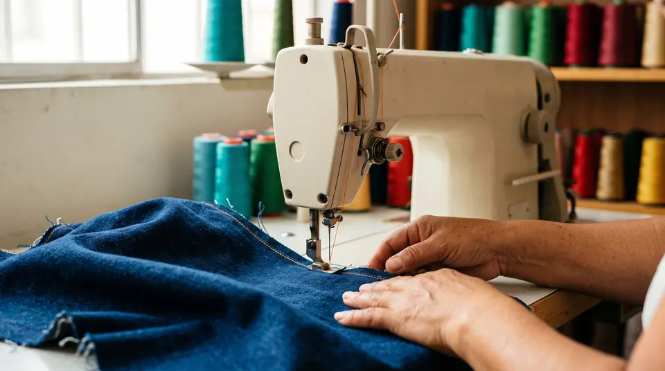 Manos cosiendo denim en una máquina de un taller