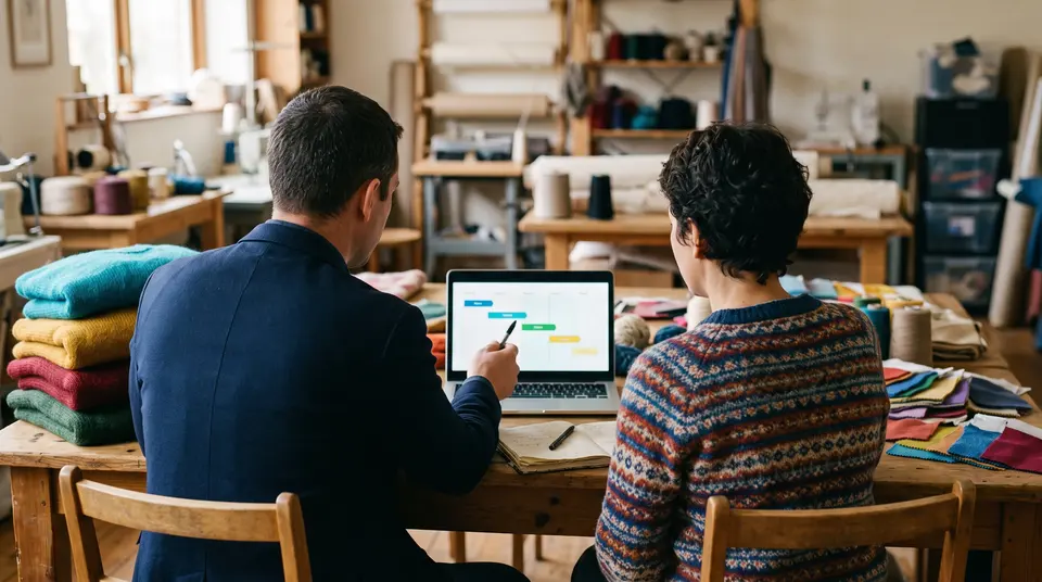Un asesor y un empresario textil revisan juntos una laptop en el taller